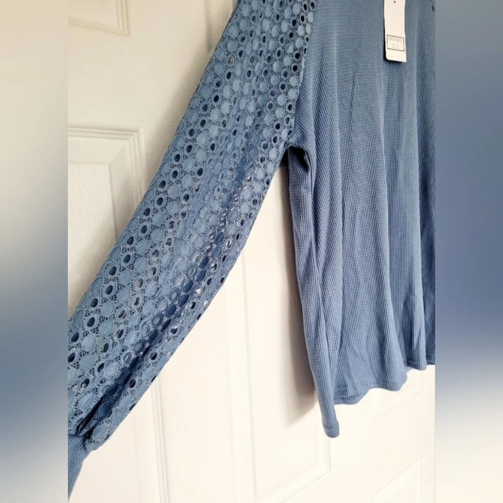 Miholl Women's Waffle Top Blouse Lace Balloon Sleeves Zip Back Blue XXL NWT